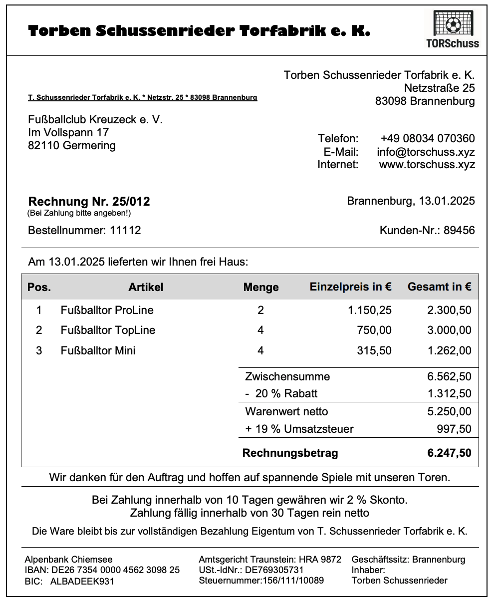Rechnung für Fußballtore von Torben Schussenrieder Torfabrik e. K. mit Positionen und Gesamtbetrag.